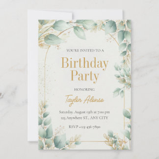 Elegant Greenery Gold Birthday Invitation Kaart