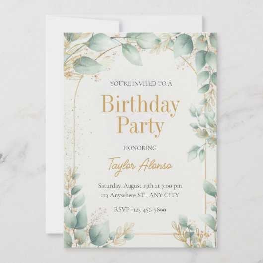 Elegant Greenery Gold Birthday Invitation Kaart (Voorkant)