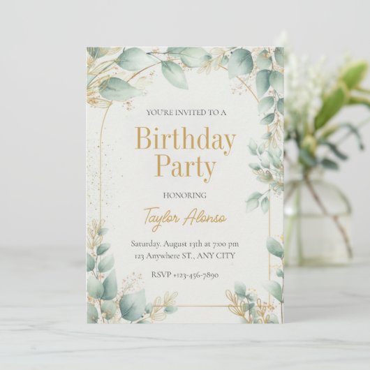 Elegant Greenery Gold Birthday Invitation Kaart (Staand voorkant)