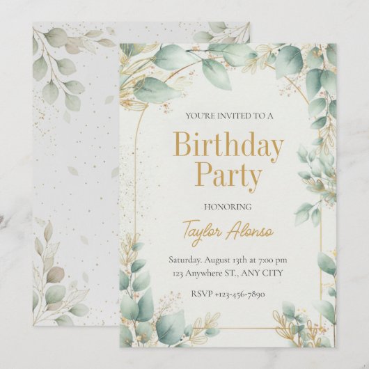 Elegant Greenery Gold Birthday Invitation Kaart (Voorkant / Achterkant)
