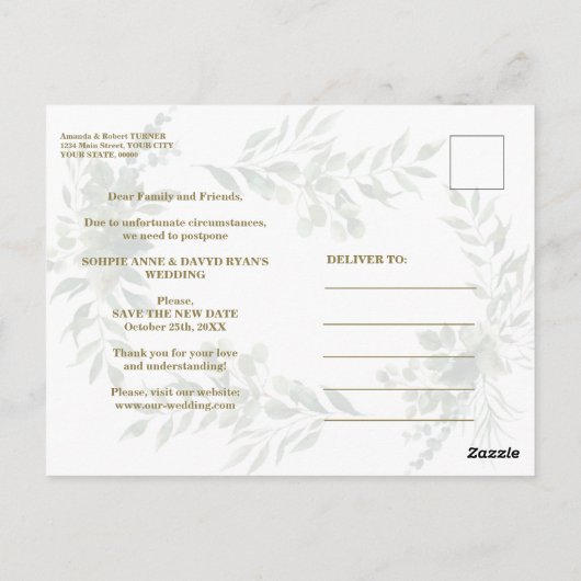 Elegant Greenery Gold Change of Plans Wedding Briefkaart (Achterkant)