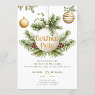 Elegant Greenery & Gold Christmas Party Invitation Kaart