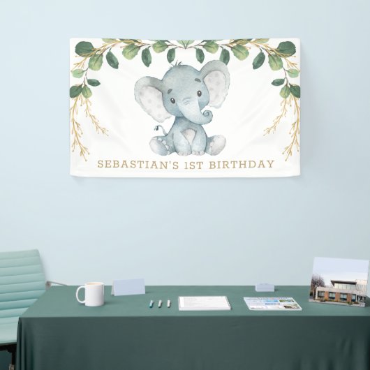 Elegant Greenery Gold Elephant 1e verjaardag Spandoek (Beurs)