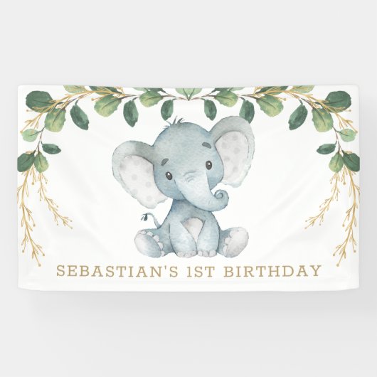 Elegant Greenery Gold Elephant 1e verjaardag Spandoek (Horizontaal)