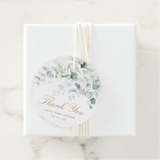 Elegant Greenery Gold Eucalyptus Baby shower Bedankjes Labels (In situ)