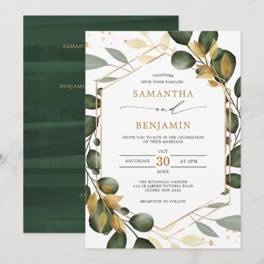 Elegant Greenery Gold Eucalyptus Wedding Party Kaart (Voorkant / Achterkant)