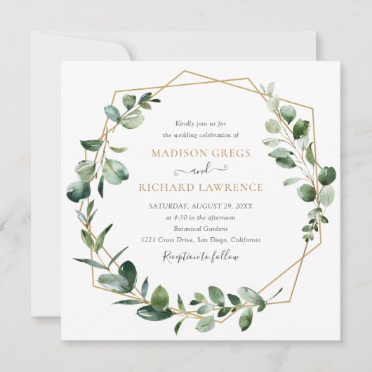 Elegant Greenery Gold Geometric Lijst Wedding Kaart (Voorkant)