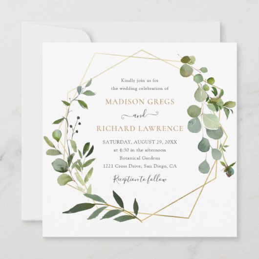 Elegant Greenery Gold Geometric Lijst Wedding Kaart (Voorkant)