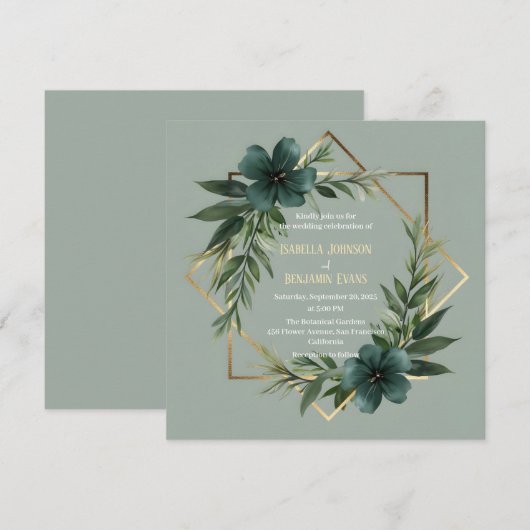 Elegant Greenery Gold Geometric Lijst Wedding Kaart (Voorkant / Achterkant)