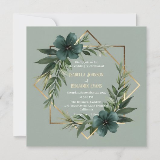 Elegant Greenery Gold Geometric Lijst Wedding Kaart (Voorkant)