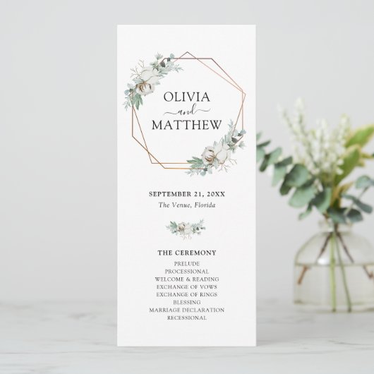 Elegant Greenery Gold Geometric Lijst Wedding Programmakaart (Staand voorkant)