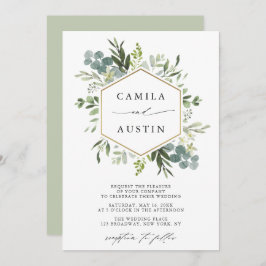 Elegant Greenery Gold Hexagon Wedding Kaart