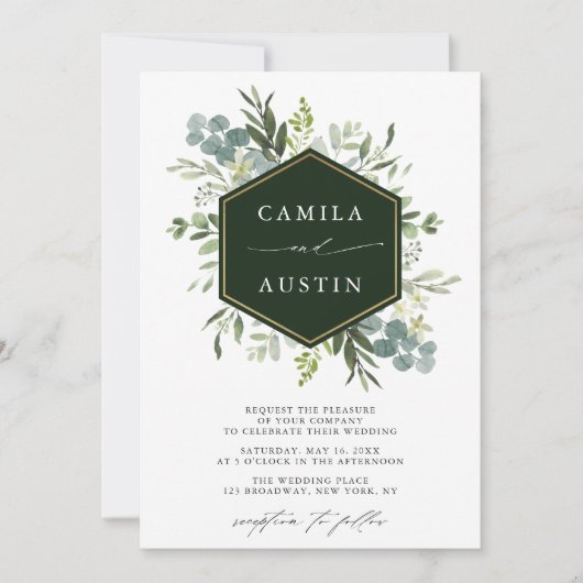 Elegant Greenery Gold Hexagon Wedding Kaart (Voorkant)