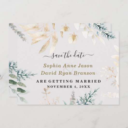 Elegant Greenery Gold Leaves Wedding Calligraphy Save The Date (Voorkant / Achterkant)