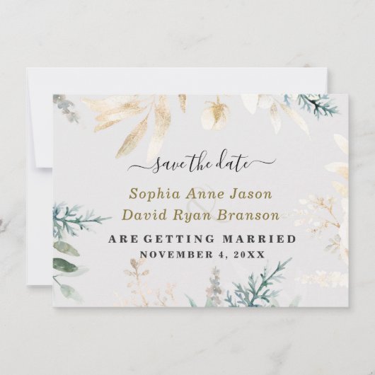 Elegant Greenery Gold Leaves Wedding Calligraphy Save The Date (Voorkant)
