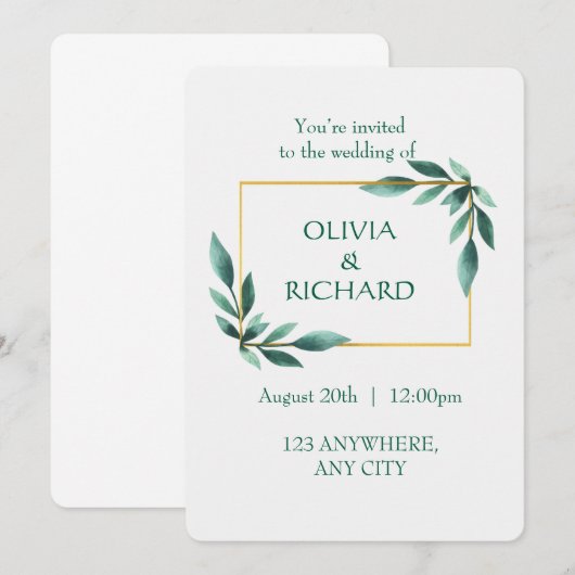 Elegant Greenery Gold Lijst Minimalistische Uitnod Kaart (Voorkant / Achterkant)