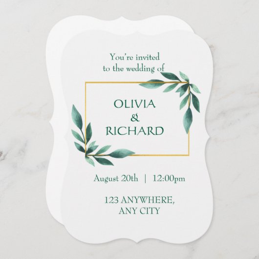 Elegant Greenery Gold Lijst Minimalistische Uitnod Kaart (Voorkant / Achterkant)