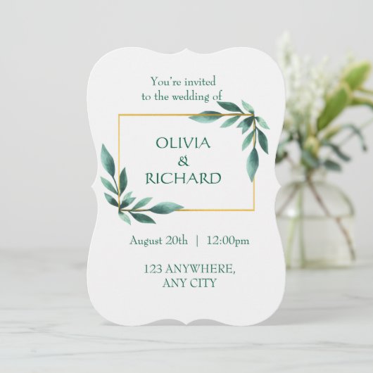 Elegant Greenery Gold Lijst Minimalistische Uitnod Kaart (Staand voorkant)