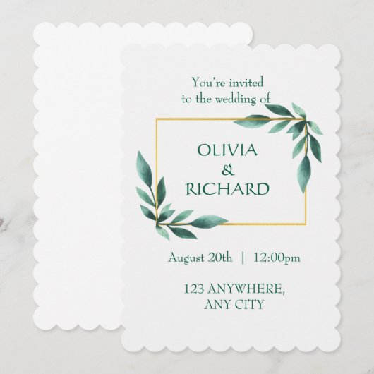 Elegant Greenery Gold Lijst Minimalistische Uitnod Kaart (Voorkant / Achterkant)