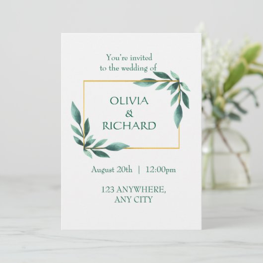Elegant Greenery Gold Lijst Minimalistische Uitnod Kaart (Staand voorkant)
