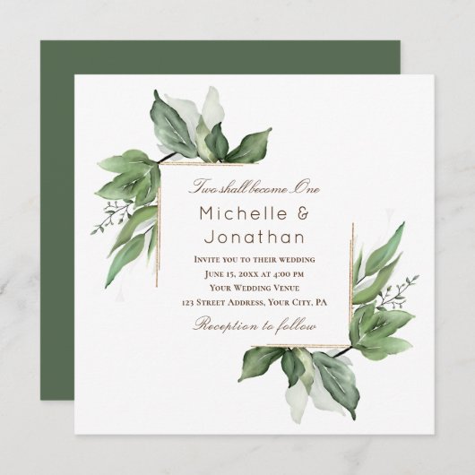 Elegant Greenery Gold Lijst Modern Wedding Kaart (Voorkant / Achterkant)