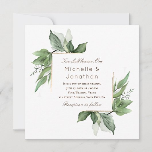 Elegant Greenery Gold Lijst Modern Wedding Kaart (Voorkant)