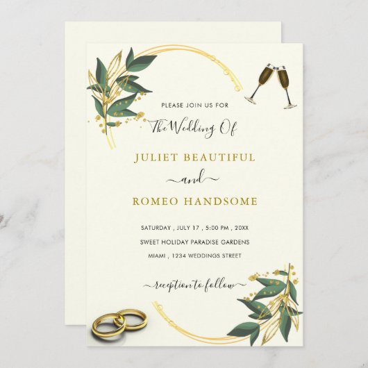 Elegant Greenery Gold Luxury Wedding Uitnodiging (Voorkant / Achterkant)