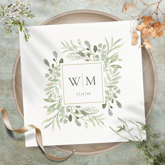 Elegant Greenery Gold Monogram Wedding Servet