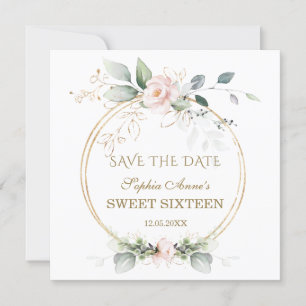 Elegant Greenery Gold Pink Floral Sweet Sixteen Save The Date