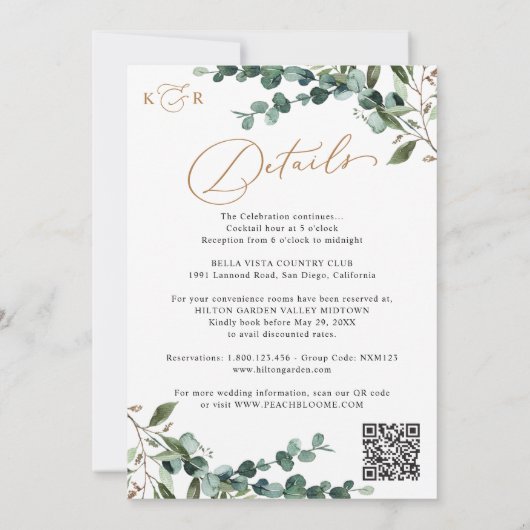 Elegant Greenery Gold QR Code All-in-One Wedding Kaart (Achterkant)