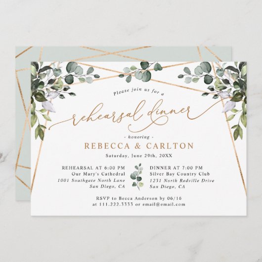 Elegant Greenery Gold Rehearsal Dinner Kaart (Voorkant / Achterkant)