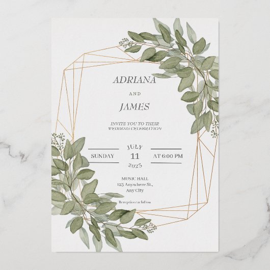 Elegant Greenery Gold rustige bruiloft Folie Uitnodiging (Voorkant)