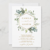 Elegant Greenery Gold Script Hexagon Wedding Kaart (Voorkant)
