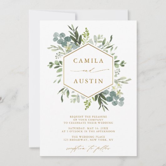 Elegant Greenery Gold Script Hexagon Wedding Kaart (Voorkant)
