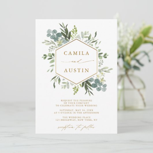 Elegant Greenery Gold Script Hexagon Wedding Kaart (Staand voorkant)