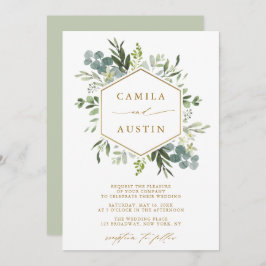 Elegant Greenery Gold Script Hexagon Wedding Kaart