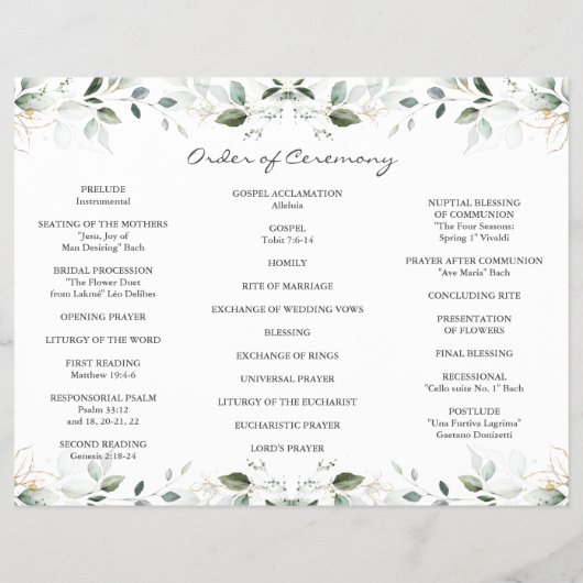 Elegant Greenery Gold Tri+Fold Wedding Program Flyer (Achterkant)
