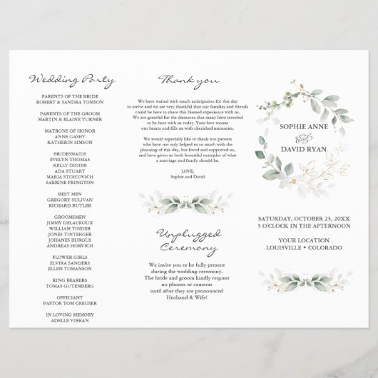 Elegant Greenery Gold Tri+Fold Wedding Program Flyer (Voorkant)