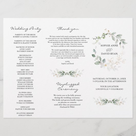 Elegant Greenery Gold Tri+Fold Wedding Program Flyer (Voorkant)