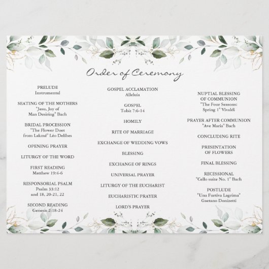 Elegant Greenery Gold Tri+Fold Wedding Program Flyer (Achterkant)