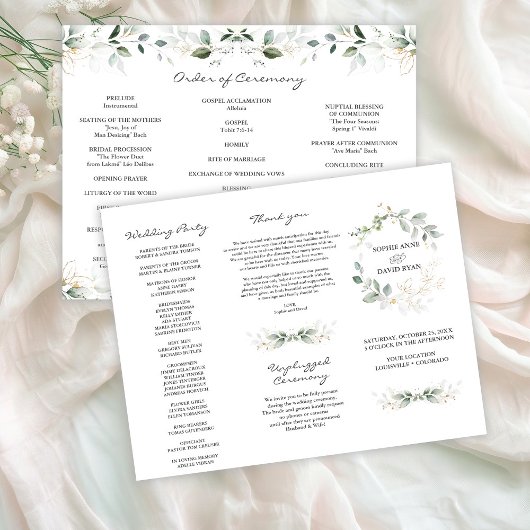 Elegant Greenery Gold Tri+Fold Wedding Program Flyer