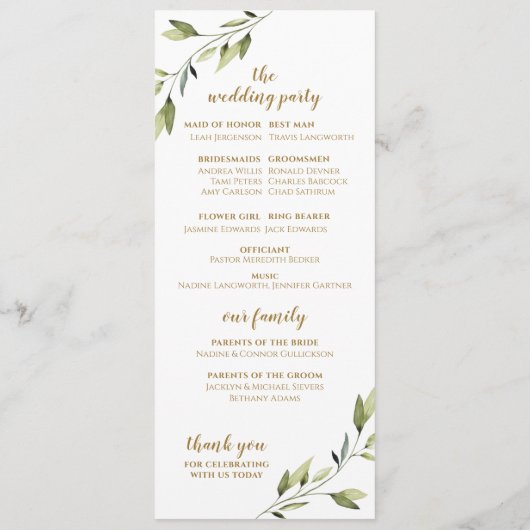 Elegant Greenery & Gold Waterverf Foliage Wedding Programmakaart (Achterkant)