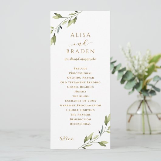 Elegant Greenery & Gold Waterverf Foliage Wedding Programmakaart (Staand voorkant)