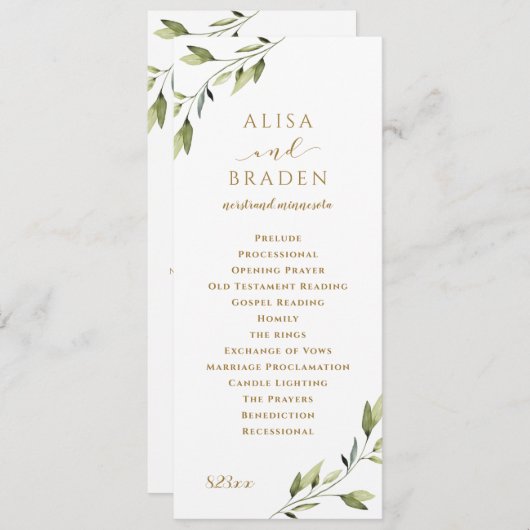 Elegant Greenery & Gold Waterverf Foliage Wedding Programmakaart (Voorkant / Achterkant)