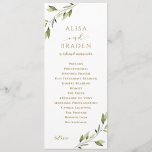 Elegant Greenery & Gold Waterverf Foliage Wedding Programmakaart