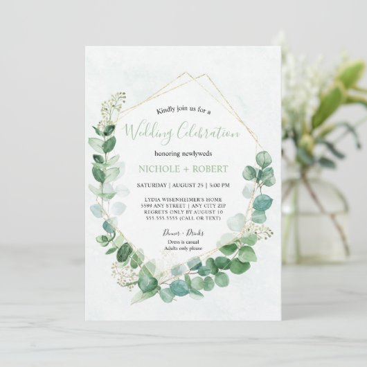 Elegant Greenery + Gold Wedding Celebration Kaart (Staand voorkant)
