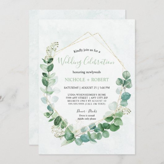 Elegant Greenery + Gold Wedding Celebration Kaart (Voorkant / Achterkant)