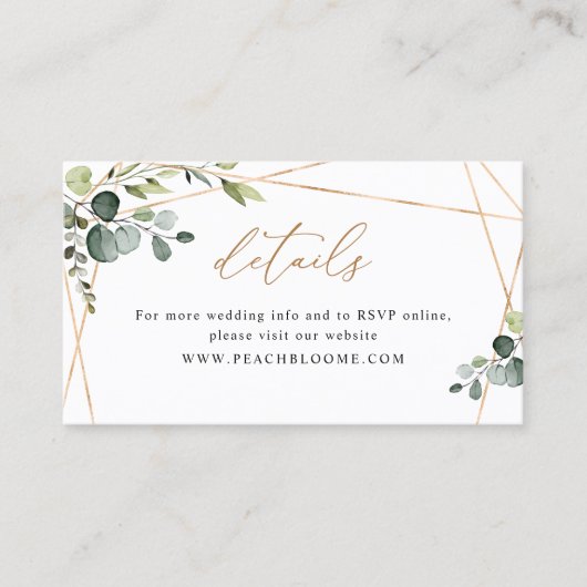 Elegant Greenery Gold Wedding Website Details Card Visitekaartje (Voorkant)