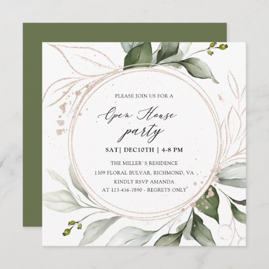 Elegant Greenery Golden Holiday Open House  Kaart (Voorkant / Achterkant)