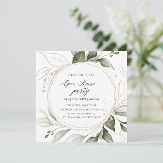 Elegant Greenery Golden Holiday Open House  Kaart (Staand voorkant)